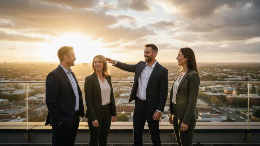Dynamic, wide-angle shot of a diverse leadership team from a McKinnon business, confidently striding through a sun-dappled modern office space, showcasing McKinnon Business Portrait Photography for Leadership Teams with dramatic backlighting and a sense of shared vision and success.