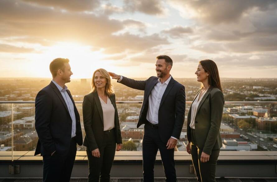Dynamic, wide-angle shot of a diverse leadership team from a McKinnon business, confidently striding through a sun-dappled modern office space, showcasing McKinnon Business Portrait Photography for Leadership Teams with dramatic backlighting and a sense of shared vision and success.