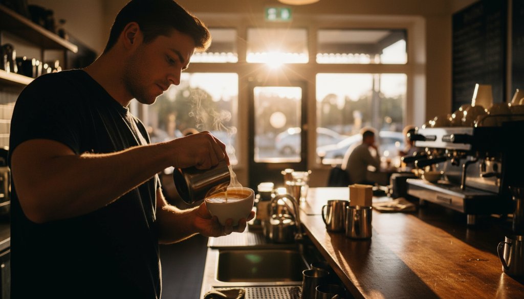 A dynamic McKinnon commercial photography for small businesses shot, capturing a local cafe owner passionately preparing coffee, with golden hour light illuminating the scene, showcasing community and craft.
