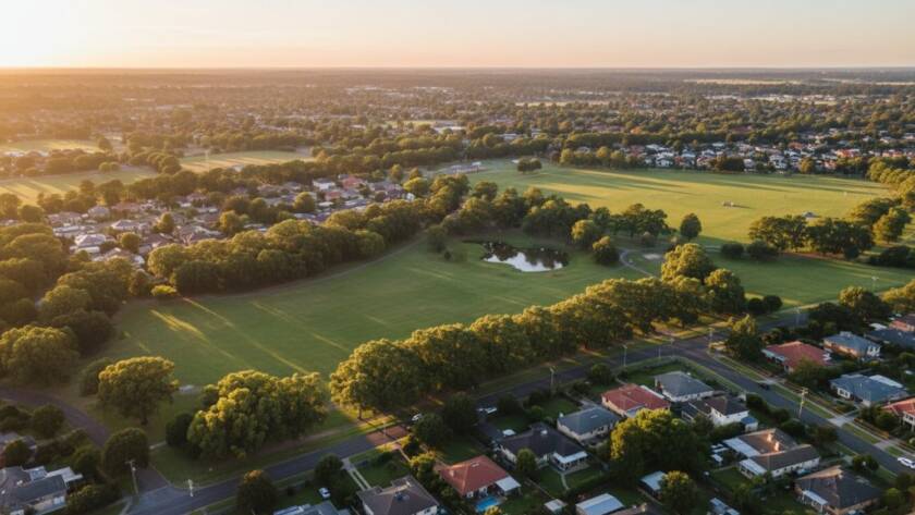 Dramatic aerial view showcasing the vibrant, lush green reserves and classic McKinnon architecture at sunset, expertly captured by McKinnon drone photography stunning aerial landscapes, with golden hour light highlighting the scene.