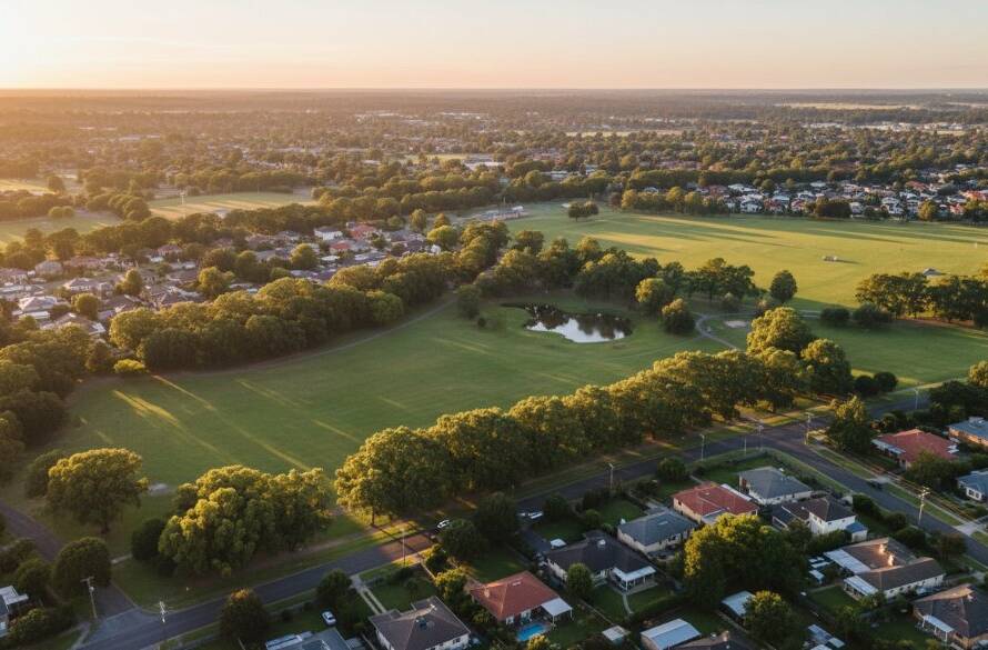 Dramatic aerial view showcasing the vibrant, lush green reserves and classic McKinnon architecture at sunset, expertly captured by McKinnon drone photography stunning aerial landscapes, with golden hour light highlighting the scene.