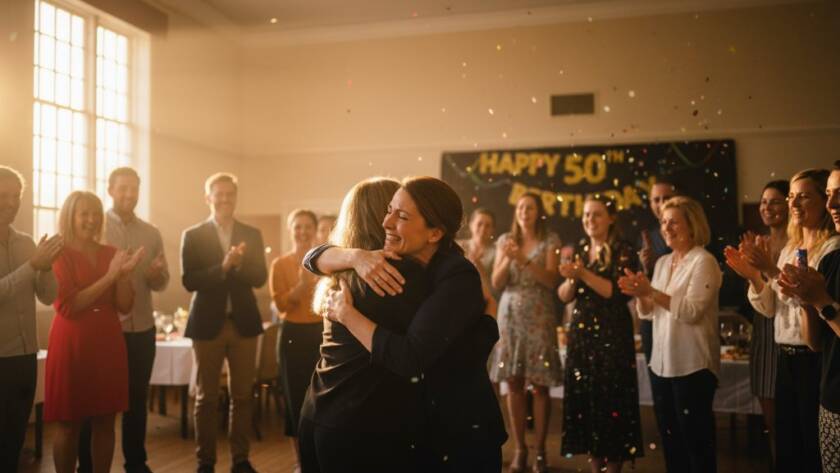 A stunning, dramatically lit wide shot capturing the emotional peak of a surprise birthday party in a beautifully decorated community hall in McKinnon, Victoria, with guests laughing and embracing, perfectly illustrating McKinnon intimate event photography capturing authentic moments.