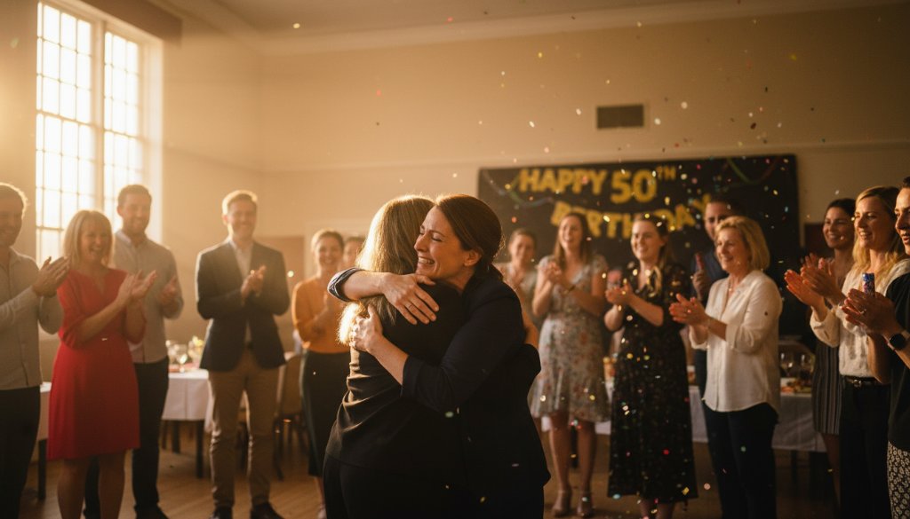 A stunning, dramatically lit wide shot capturing the emotional peak of a surprise birthday party in a beautifully decorated community hall in McKinnon, Victoria, with guests laughing and embracing, perfectly illustrating McKinnon intimate event photography capturing authentic moments.