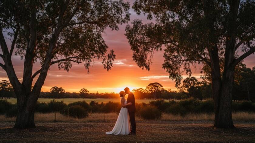 A stunning wide-angle shot capturing a newlywed couple's joyful embrace under a canopy of ancient oaks at a historic McKinnon park, bathed in golden hour light, representing the beauty of McKinnon intimate wedding photography Victoria.