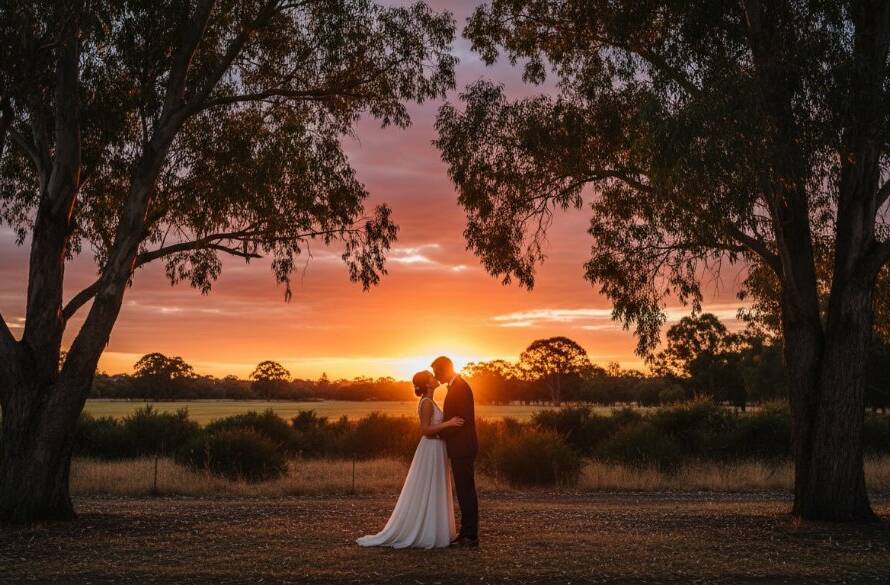 A stunning wide-angle shot capturing a newlywed couple's joyful embrace under a canopy of ancient oaks at a historic McKinnon park, bathed in golden hour light, representing the beauty of McKinnon intimate wedding photography Victoria.