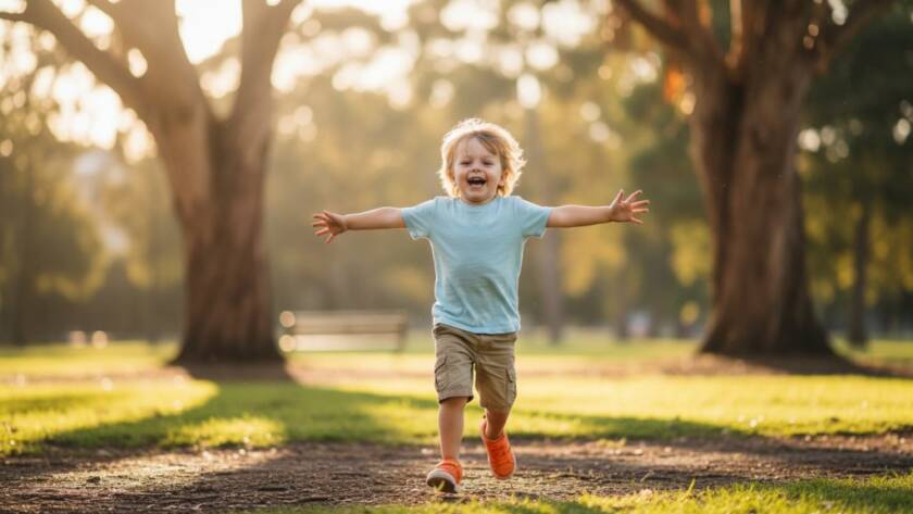 A vibrant, professionally colour-graded photograph capturing an epic moment of authentic joy during a McKinnon kids photography session, showing a child laughing while running through sunlight in a local McKinnon park, with blurred green foliage in the background.