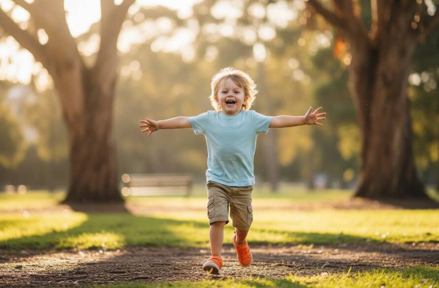 A vibrant, professionally colour-graded photograph capturing an epic moment of authentic joy during a McKinnon kids photography session, showing a child laughing while running through sunlight in a local McKinnon park, with blurred green foliage in the background.