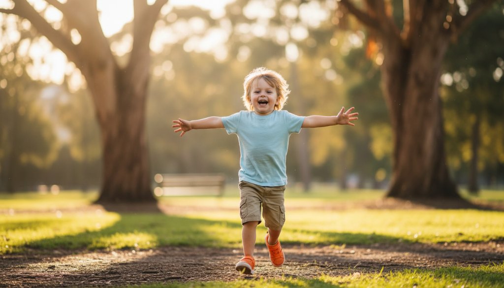 A vibrant, professionally colour-graded photograph capturing an epic moment of authentic joy during a McKinnon kids photography session, showing a child laughing while running through sunlight in a local McKinnon park, with blurred green foliage in the background.
