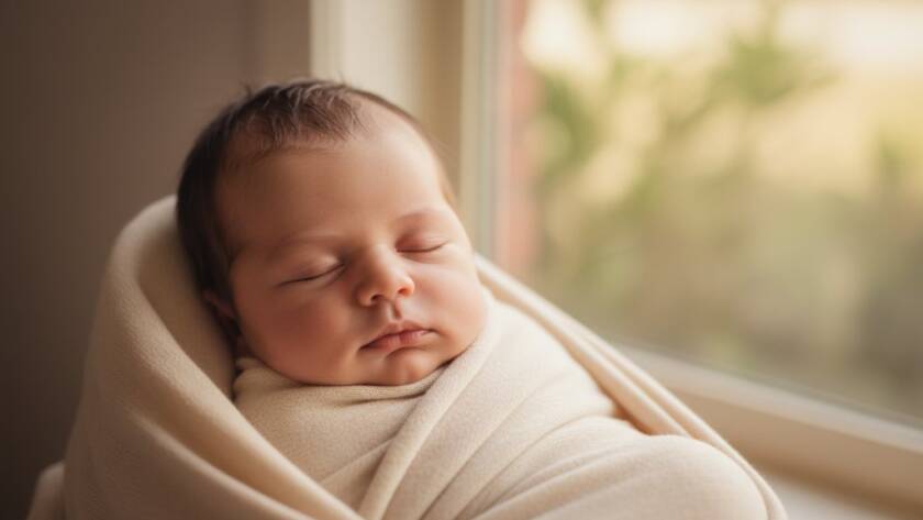 An ethereal close-up of a sleeping newborn baby's tiny hands gently curled, bathed in soft, warm light, symbolising the preciousness of McKinnon newborn photography capturing timeless first memories. Professional, high-contrast, artistic composition.