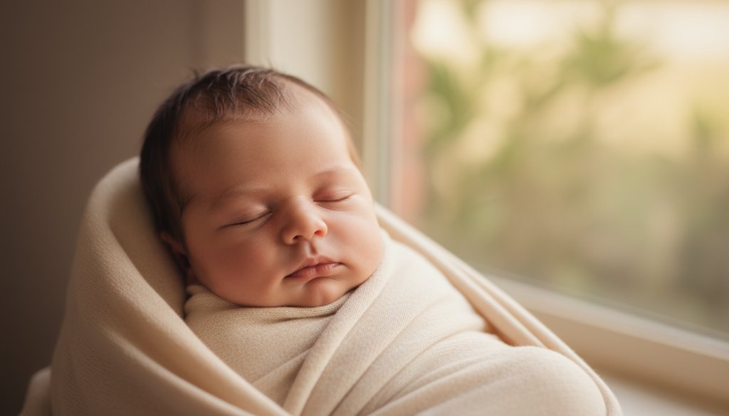 An ethereal close-up of a sleeping newborn baby's tiny hands gently curled, bathed in soft, warm light, symbolising the preciousness of McKinnon newborn photography capturing timeless first memories. Professional, high-contrast, artistic composition.