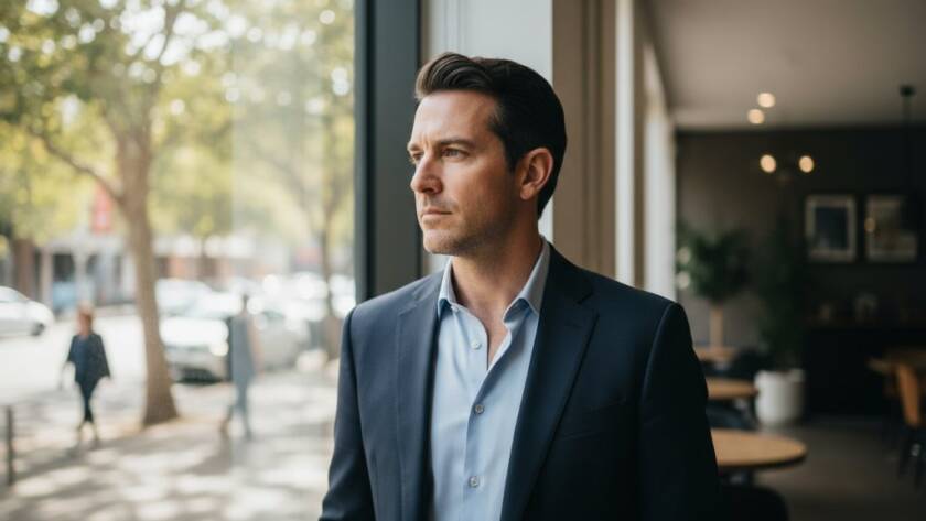 A striking, cinematic portrait of a professional woman smiling confidently in a modern, naturally lit McKinnon cafe, showcasing the impact of McKinnon professional headshots for career advancement, with a blurred background suggesting local McKinnon vibrancy.