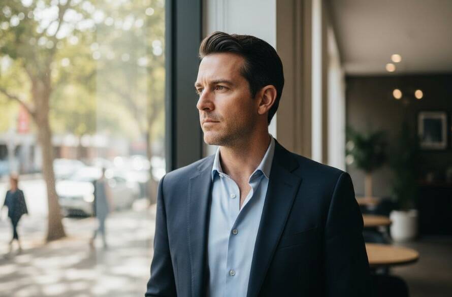 A striking, cinematic portrait of a professional woman smiling confidently in a modern, naturally lit McKinnon cafe, showcasing the impact of McKinnon professional headshots for career advancement, with a blurred background suggesting local McKinnon vibrancy.