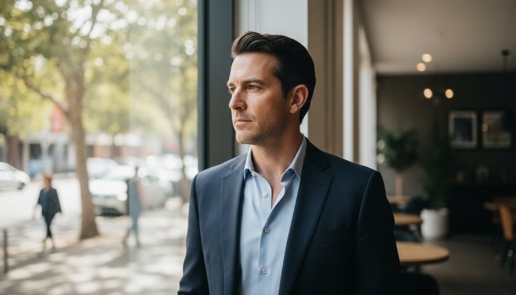 A striking, cinematic portrait of a professional woman smiling confidently in a modern, naturally lit McKinnon cafe, showcasing the impact of McKinnon professional headshots for career advancement, with a blurred background suggesting local McKinnon vibrancy.