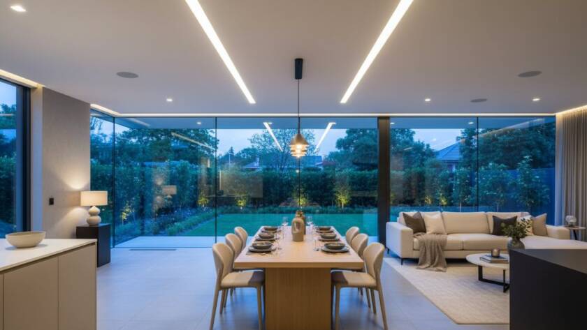 Dramatic, wide-angle shot of a beautifully staged living room in a modern McKinnon home at dusk, featuring warm interior lighting contrasting with the blue hour outside, expertly showcasing McKinnon property photography for premium listings.
