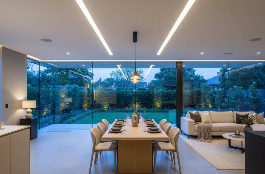 Dramatic, wide-angle shot of a beautifully staged living room in a modern McKinnon home at dusk, featuring warm interior lighting contrasting with the blue hour outside, expertly showcasing McKinnon property photography for premium listings.