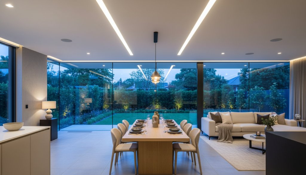 Dramatic, wide-angle shot of a beautifully staged living room in a modern McKinnon home at dusk, featuring warm interior lighting contrasting with the blue hour outside, expertly showcasing McKinnon property photography for premium listings.