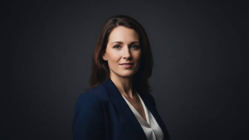 A dramatically lit McKinnon studio photography for timeless professional portraits featuring a professional woman, confident and poised, captured in a dynamic, high-contrast black and white shot with soft box lighting creating deep shadows and highlights.