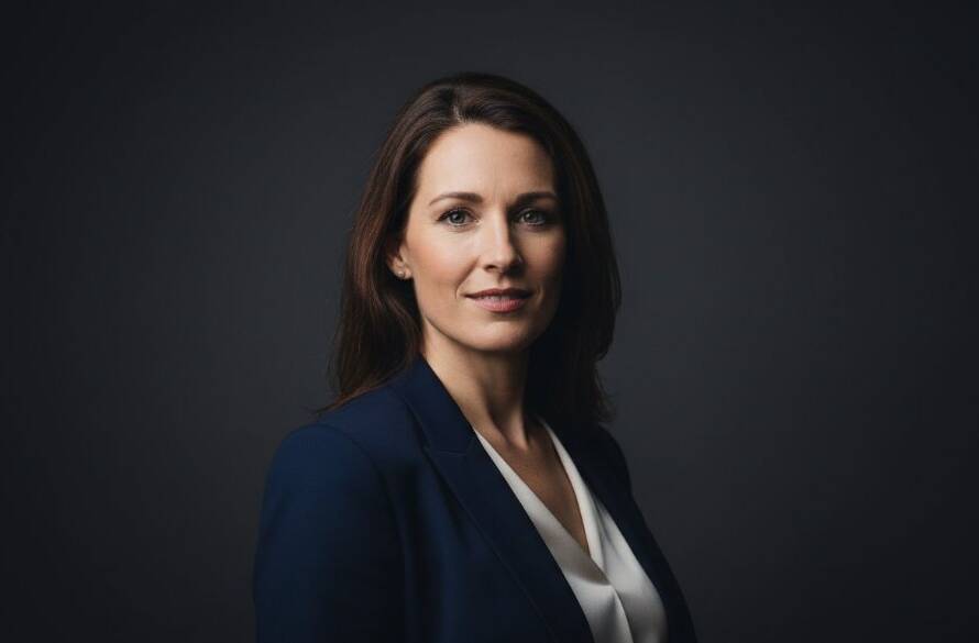 A dramatically lit McKinnon studio photography for timeless professional portraits featuring a professional woman, confident and poised, captured in a dynamic, high-contrast black and white shot with soft box lighting creating deep shadows and highlights.