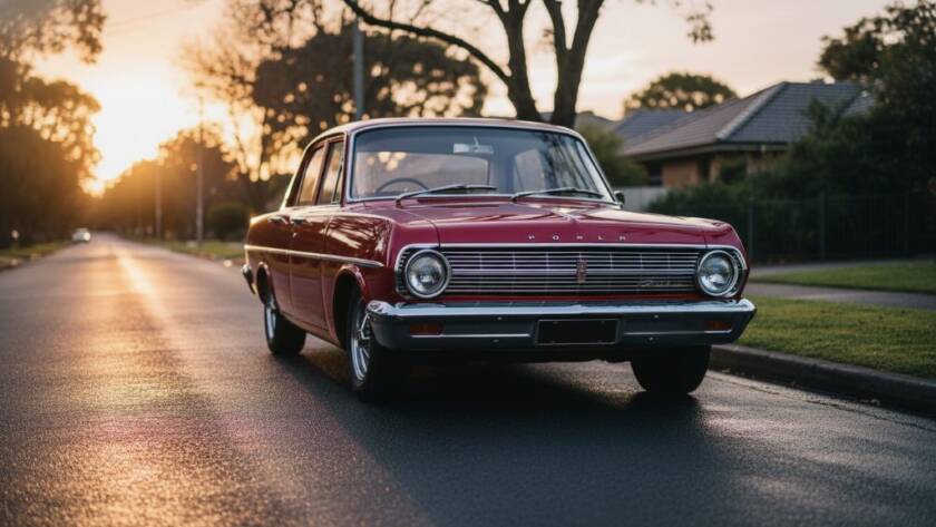 An epic moment of a gleaming red 1960s Holden EH sedan parked majestically under a dramatic twilight sky on a tree-lined street in McKinnon, showcasing McKinnon vintage car photography expertise with golden hour glow.
