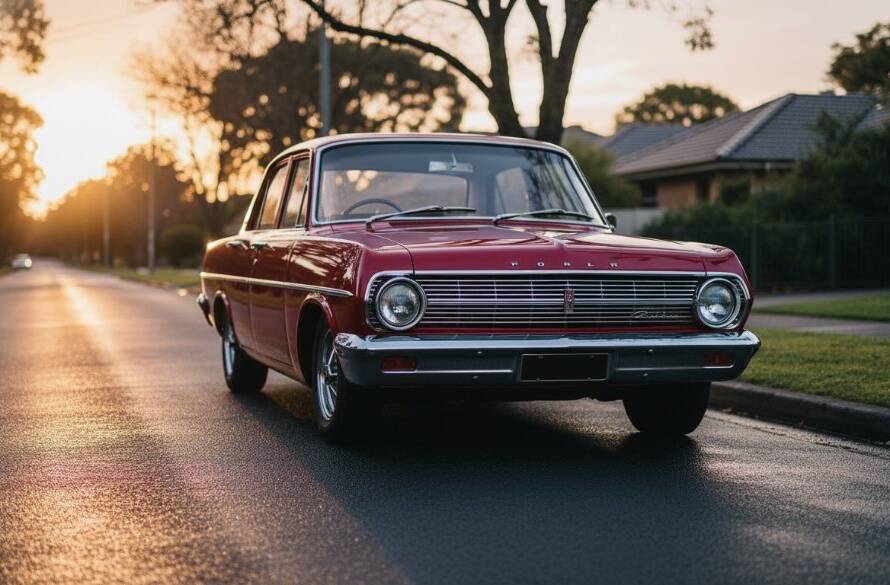 An epic moment of a gleaming red 1960s Holden EH sedan parked majestically under a dramatic twilight sky on a tree-lined street in McKinnon, showcasing McKinnon vintage car photography expertise with golden hour glow.