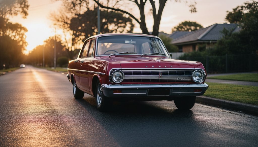 An epic moment of a gleaming red 1960s Holden EH sedan parked majestically under a dramatic twilight sky on a tree-lined street in McKinnon, showcasing McKinnon vintage car photography expertise with golden hour glow.
