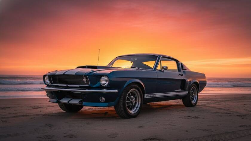 A dramatically lit classic vintage sports car, sleek and gleaming, captured in an epic moment at sunset along the scenic Melbourne Automotive Photography Hampton Beachside, with the golden hour light reflecting off its polished chrome and the silhouetted coastline in the background, showcasing its powerful form.