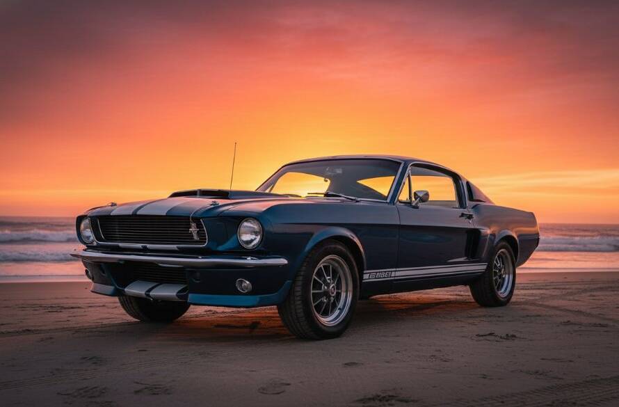 A dramatically lit classic vintage sports car, sleek and gleaming, captured in an epic moment at sunset along the scenic Melbourne Automotive Photography Hampton Beachside, with the golden hour light reflecting off its polished chrome and the silhouetted coastline in the background, showcasing its powerful form.