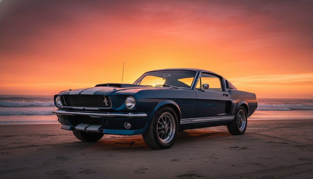 A dramatically lit classic vintage sports car, sleek and gleaming, captured in an epic moment at sunset along the scenic Melbourne Automotive Photography Hampton Beachside, with the golden hour light reflecting off its polished chrome and the silhouetted coastline in the background, showcasing its powerful form.