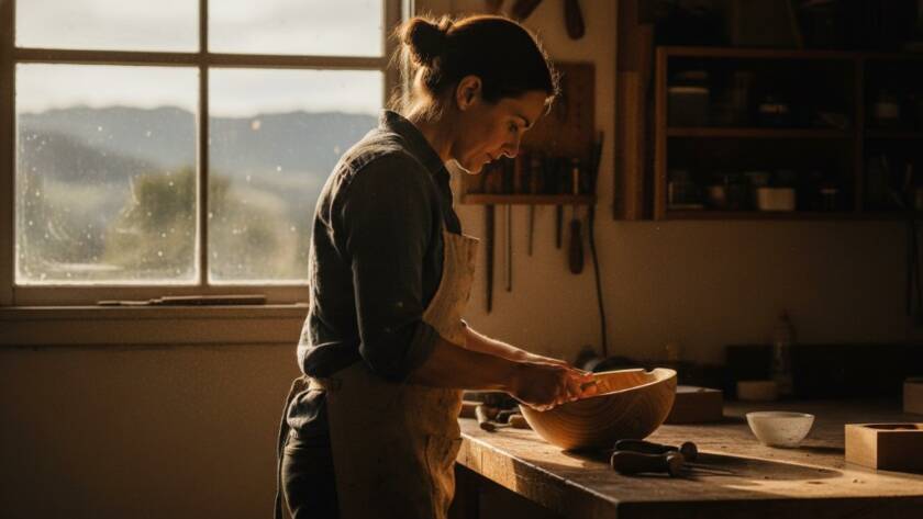 Dramatic, cinematic photograph showcasing expert Melbourne Basin advertising photography for local businesses, featuring a local artisan passionately crafting their product under warm, dramatic lighting in a rustic studio setting in The Basin, Victoria.