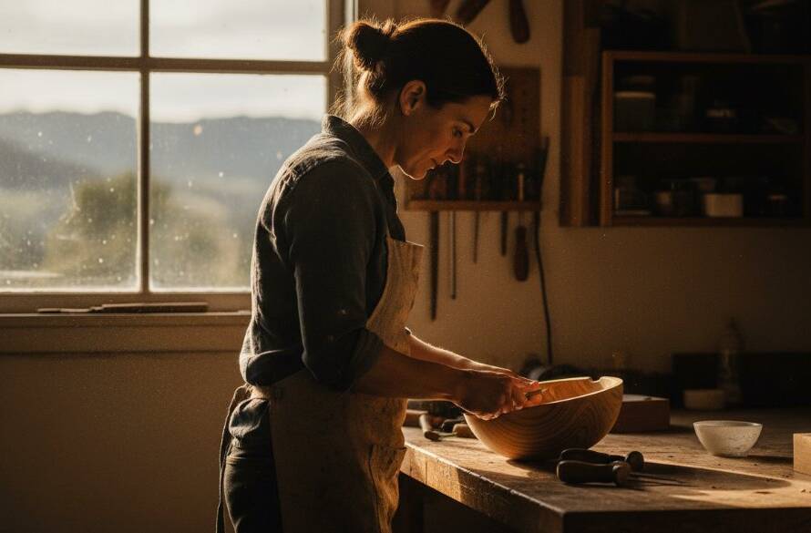 Dramatic, cinematic photograph showcasing expert Melbourne Basin advertising photography for local businesses, featuring a local artisan passionately crafting their product under warm, dramatic lighting in a rustic studio setting in The Basin, Victoria.