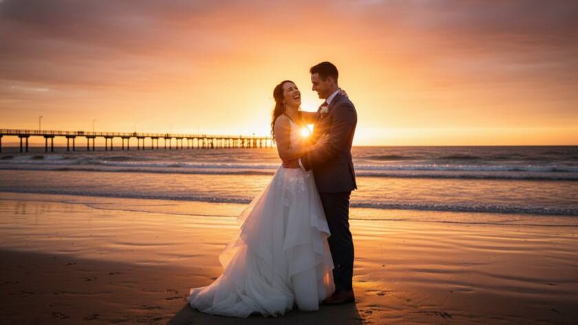 A newlywed couple sharing an intimate kiss at sunset on Carrum Beach, with the golden hour light reflecting off the water, perfectly captured by Melbourne coastal wedding photography Carrum beach. The scene is dramatic and romantic, showcasing their epic moment.