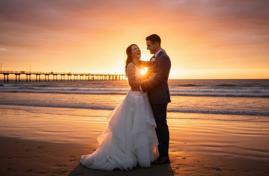 A newlywed couple sharing an intimate kiss at sunset on Carrum Beach, with the golden hour light reflecting off the water, perfectly captured by Melbourne coastal wedding photography Carrum beach. The scene is dramatic and romantic, showcasing their epic moment.