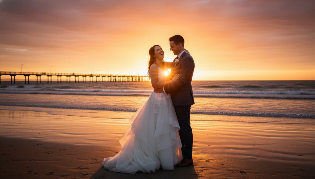 A newlywed couple sharing an intimate kiss at sunset on Carrum Beach, with the golden hour light reflecting off the water, perfectly captured by Melbourne coastal wedding photography Carrum beach. The scene is dramatic and romantic, showcasing their epic moment.