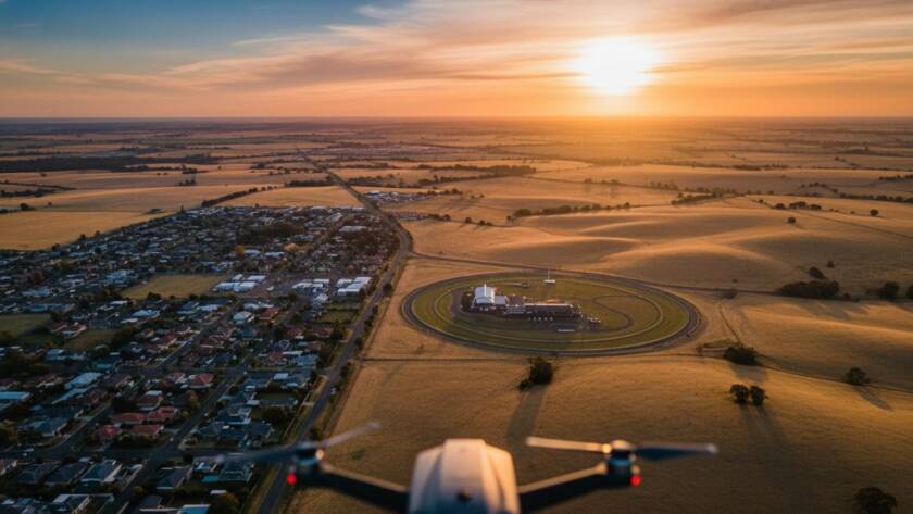 An epic aerial shot showcasing Melton drone photography elevated perspectives, capturing the vibrant green landscapes and modern architecture of Melton, Victoria under a dramatic sunset, with a drone subtly visible in the distance, a true masterpiece of professional drone imagery.