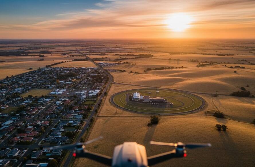 An epic aerial shot showcasing Melton drone photography elevated perspectives, capturing the vibrant green landscapes and modern architecture of Melton, Victoria under a dramatic sunset, with a drone subtly visible in the distance, a true masterpiece of professional drone imagery.