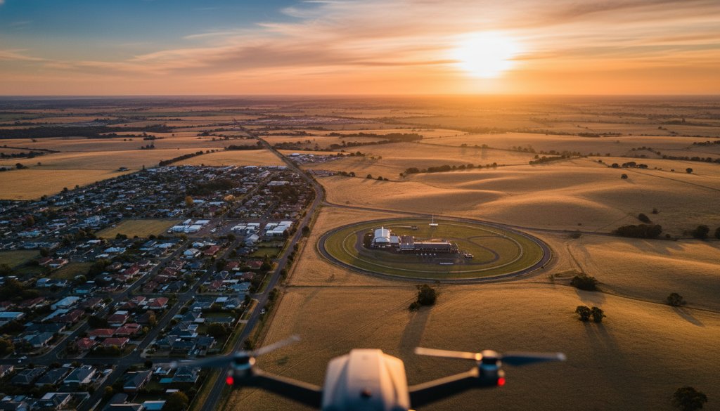 An epic aerial shot showcasing Melton drone photography elevated perspectives, capturing the vibrant green landscapes and modern architecture of Melton, Victoria under a dramatic sunset, with a drone subtly visible in the distance, a true masterpiece of professional drone imagery.