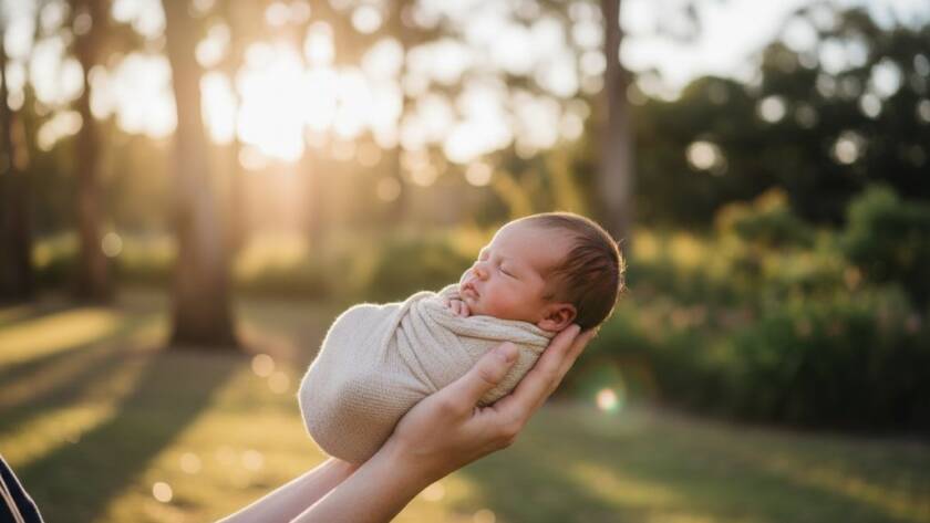 An intimate, professionally color-graded photograph capturing Melton newborn photography capturing precious moments, showing a peaceful baby swaddled gently in soft, warm light by a parent's protective hands, evoking tenderness and new beginnings in a natural setting.
