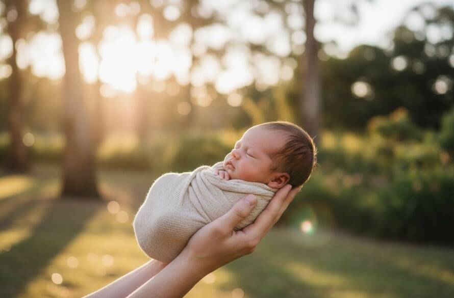 An intimate, professionally color-graded photograph capturing Melton newborn photography capturing precious moments, showing a peaceful baby swaddled gently in soft, warm light by a parent's protective hands, evoking tenderness and new beginnings in a natural setting.