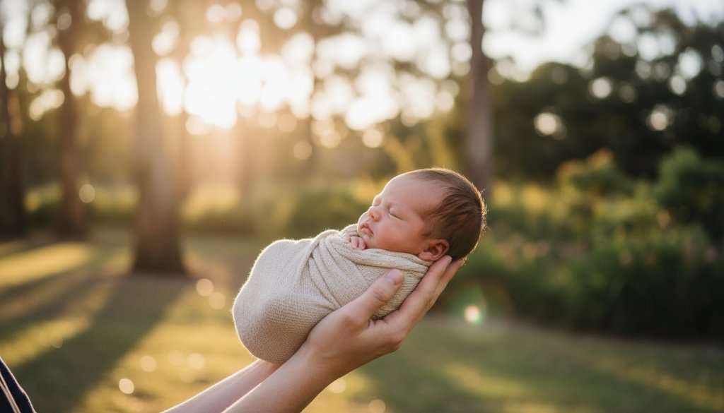 An intimate, professionally color-graded photograph capturing Melton newborn photography capturing precious moments, showing a peaceful baby swaddled gently in soft, warm light by a parent's protective hands, evoking tenderness and new beginnings in a natural setting.