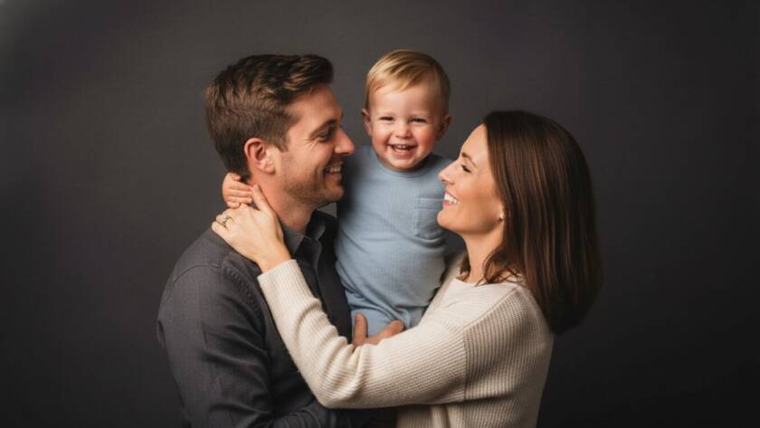 An epic, professionally colour-graded studio portrait showcasing a family from Melton South joyfully embracing and laughing, capturing their cherished connection through bespoke studio photography, with dramatic lighting and a clean backdrop.