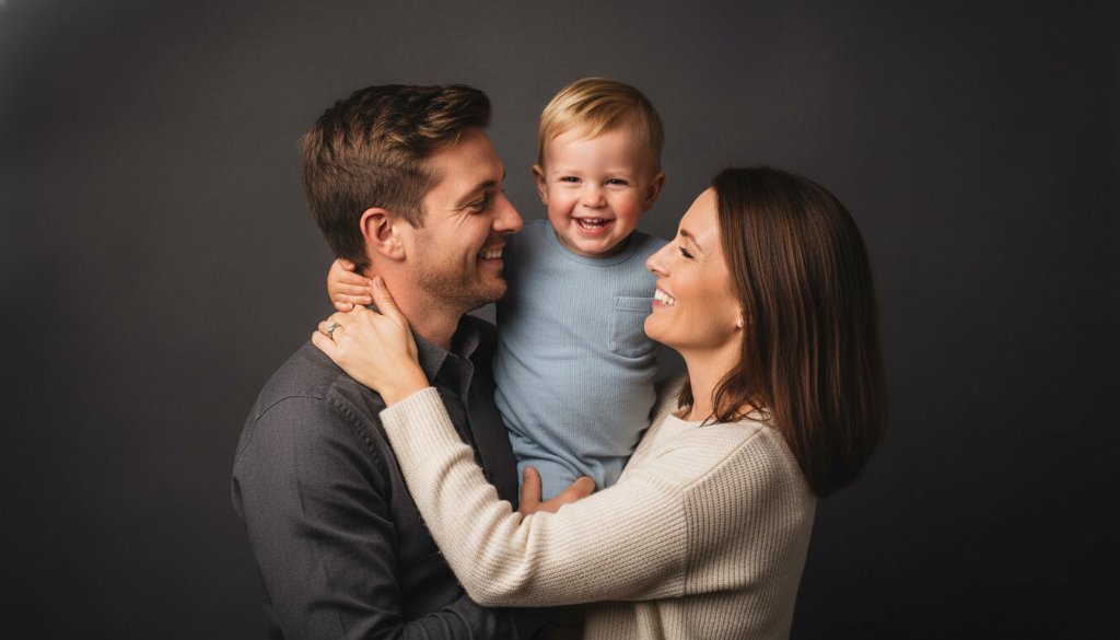An epic, professionally colour-graded studio portrait showcasing a family from Melton South joyfully embracing and laughing, capturing their cherished connection through bespoke studio photography, with dramatic lighting and a clean backdrop.
