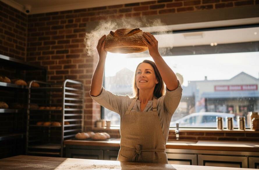 Dramatic shot of a local artisan in Melton South proudly showcasing their freshly baked artisan bread, bathed in warm, golden light, perfectly capturing the essence of Melton South commercial photography for local brands.