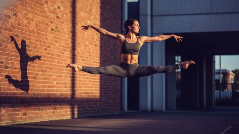 A dynamic and powerful shot capturing Melton South Dance Photography Epic Moments Captured, featuring a contemporary dancer in a stunning mid-air split leap against an urban backdrop, bathed in dramatic golden hour light.