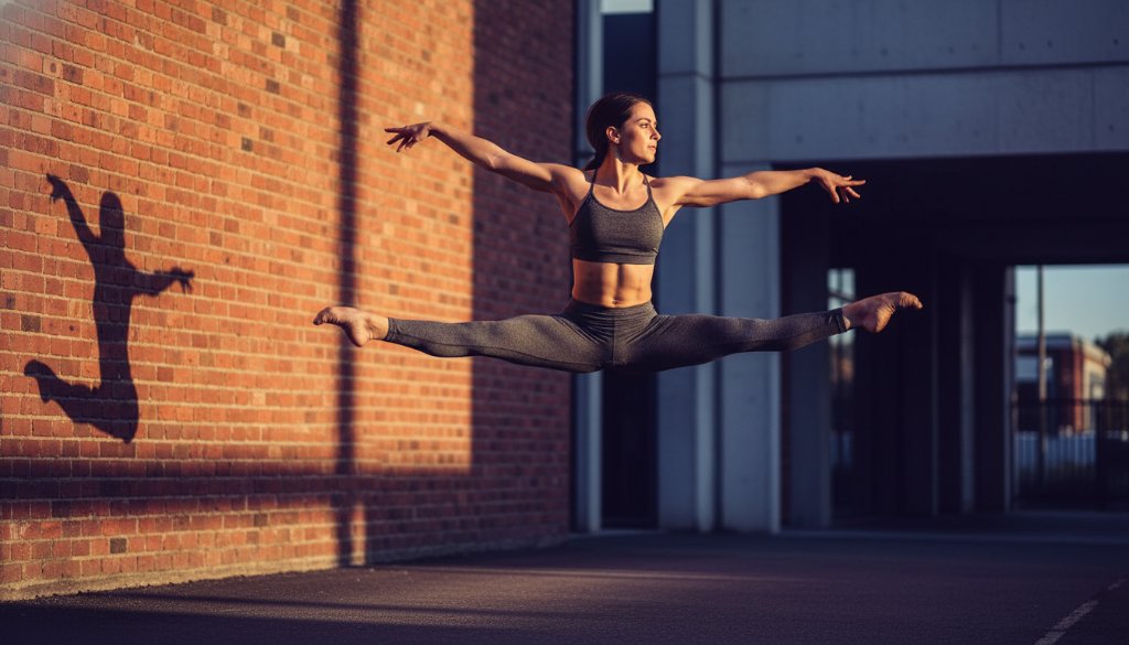 A dynamic and powerful shot capturing Melton South Dance Photography Epic Moments Captured, featuring a contemporary dancer in a stunning mid-air split leap against an urban backdrop, bathed in dramatic golden hour light.