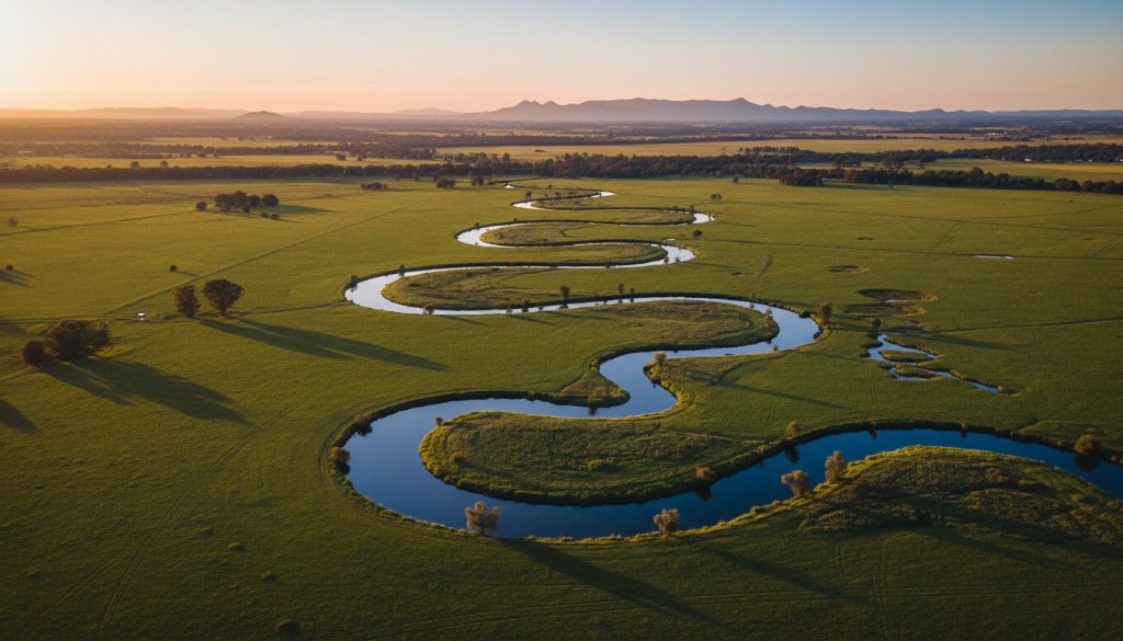 A professional drone photograph capturing the dramatic golden hour over Melton South, featuring the Werribee River winding through lush green fields, with the distant You Yangs framed majestically under a vibrant sky, showcasing Melton South drone photography epic aerial views.