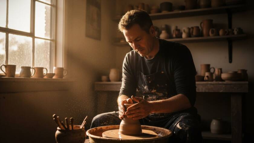Dynamic Melton South editorial photography for local stories featuring a local artisan passionately crafting pottery at their studio near the Melton Waves Leisure Centre, bathed in warm, directional sunlight, capturing an epic moment of focused creation.