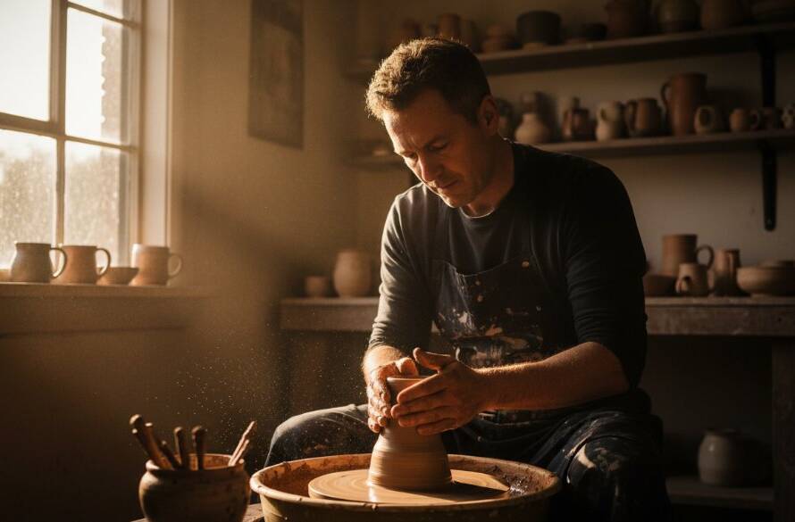 Dynamic Melton South editorial photography for local stories featuring a local artisan passionately crafting pottery at their studio near the Melton Waves Leisure Centre, bathed in warm, directional sunlight, capturing an epic moment of focused creation.