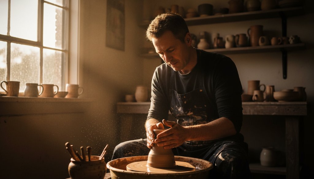 Dynamic Melton South editorial photography for local stories featuring a local artisan passionately crafting pottery at their studio near the Melton Waves Leisure Centre, bathed in warm, directional sunlight, capturing an epic moment of focused creation.