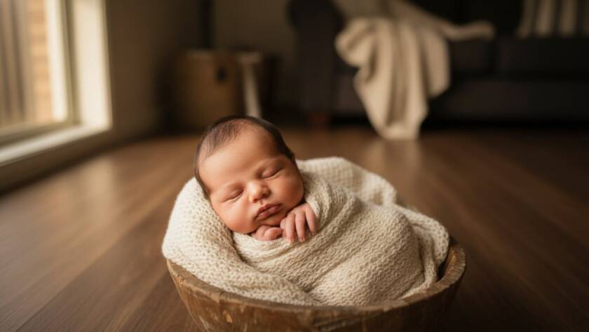 A heartwarming, professionally colour-graded photograph showcasing Melton South newborn photography capturing cherished firsts, with a tiny baby peacefully asleep, swaddled in soft fabrics, bathed in a gentle golden glow from a nearby window, evoking a serene and tender epic moment.