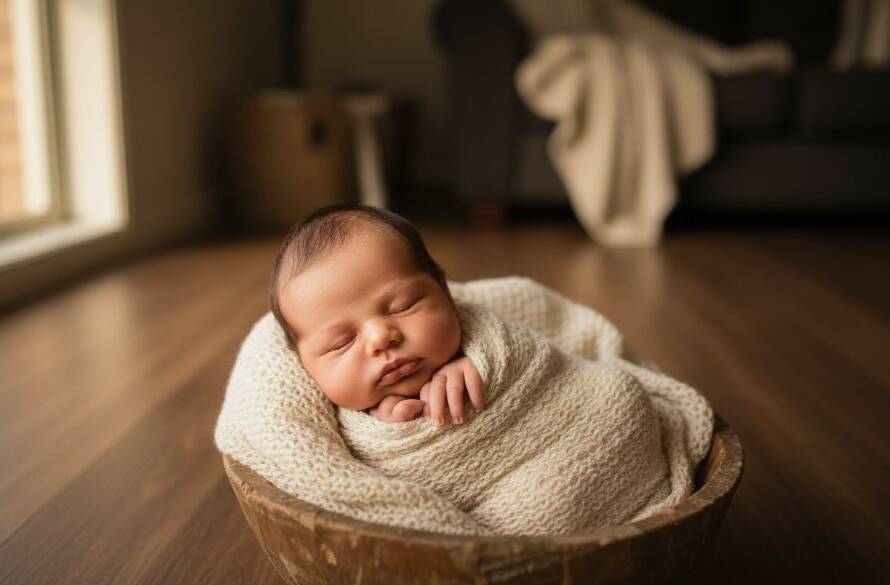 A heartwarming, professionally colour-graded photograph showcasing Melton South newborn photography capturing cherished firsts, with a tiny baby peacefully asleep, swaddled in soft fabrics, bathed in a gentle golden glow from a nearby window, evoking a serene and tender epic moment.